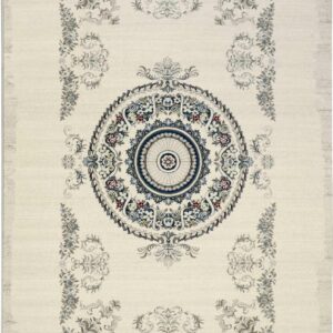 Hunnu Abstract Beige 5 – Licht Beige Wollen Vloerkleed met Medaillon (80% Wol)